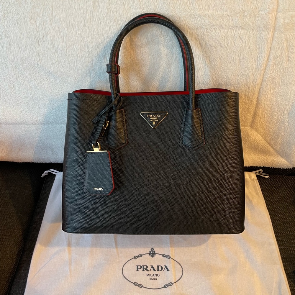 Prada Medium Saffiano Cuir Tote Black/Fiery Red